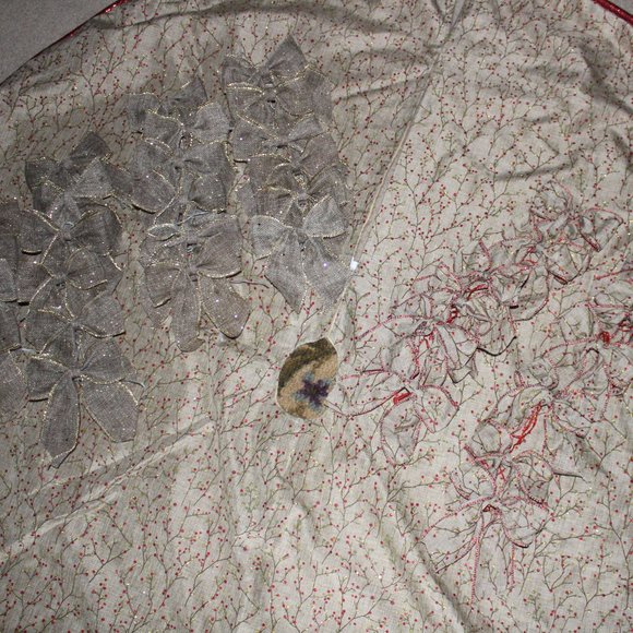 Tan With Red Holly Berry Branches 52 in Tree Skirt With Matching Bows - Picture 2 of 10